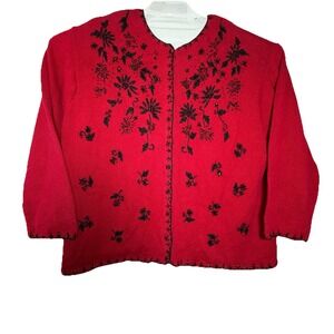 Red Holiday Sweater W Black Bead Works Sparkles Women's Sz 24 W Carolina Colours